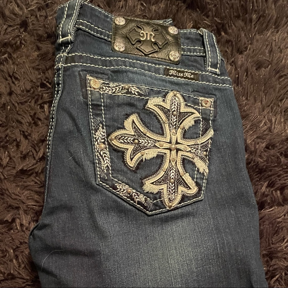 SOLD - Miss Me Jeans Cross Studded Mid Rise Boot Cut